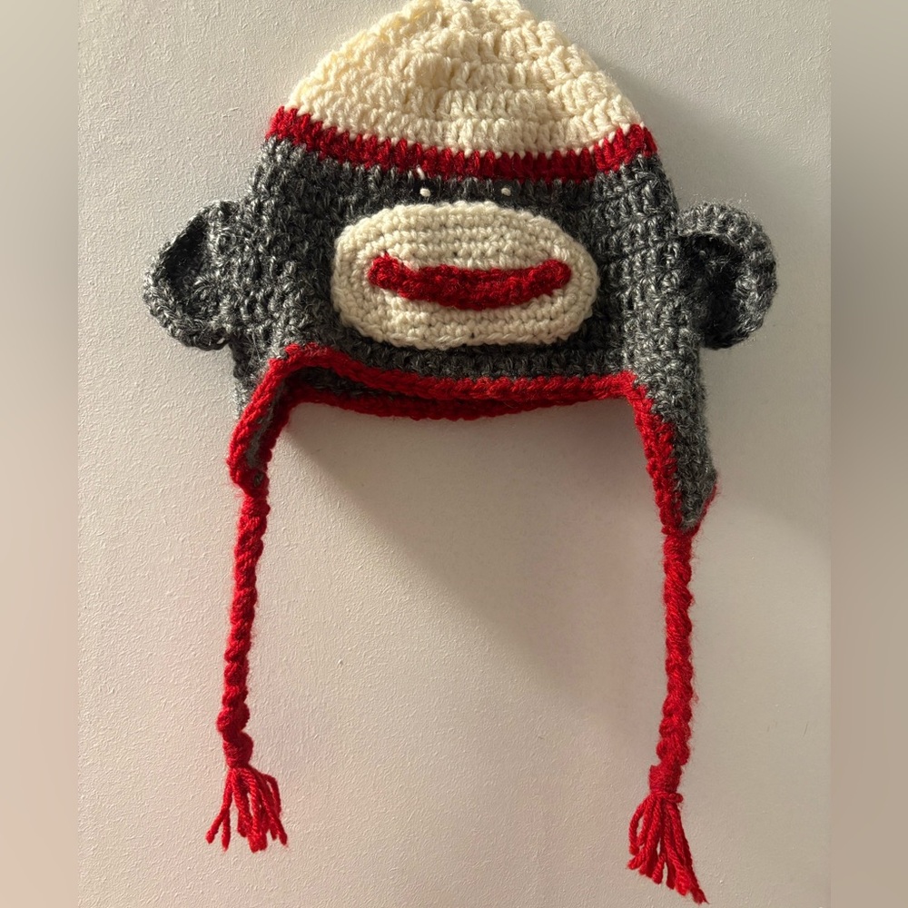 Handmade Knitted Gray and Red Sock Monkey Hat for Kids